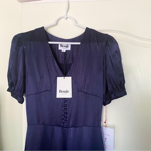 Rouje Jumpsuit Line Satin Buttoned Puff-Sleeve Navy Wedding Marine 34 NWT - Picture 4 of 10